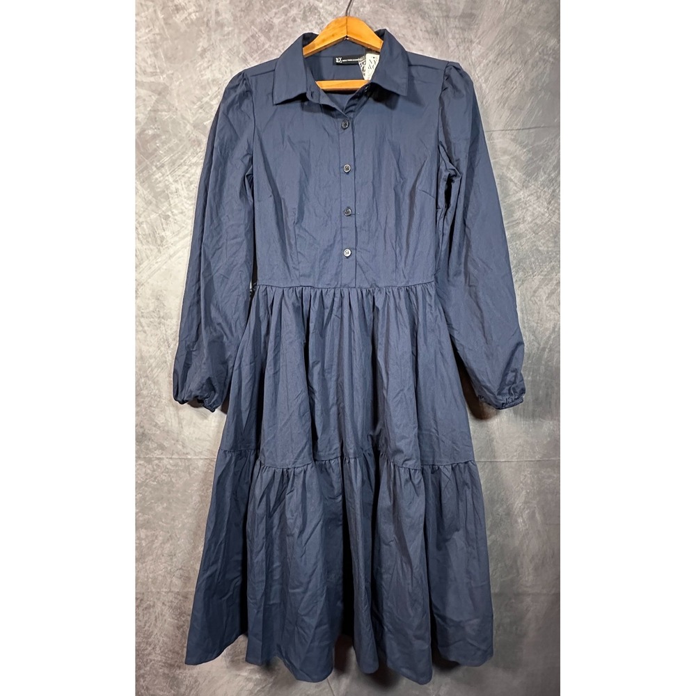 New York & Company Shirt Dress Womens Small Navy Stretch Tiered Collar Button Up